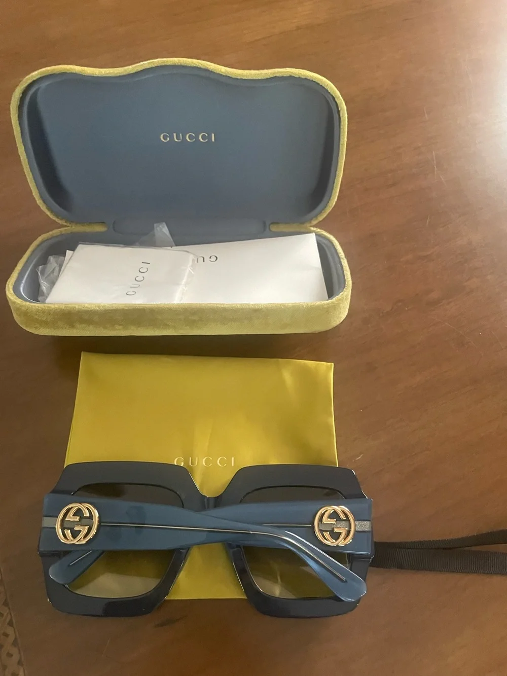 Gucci Blue Rectangular Logo Sunglasses with Gold Accents